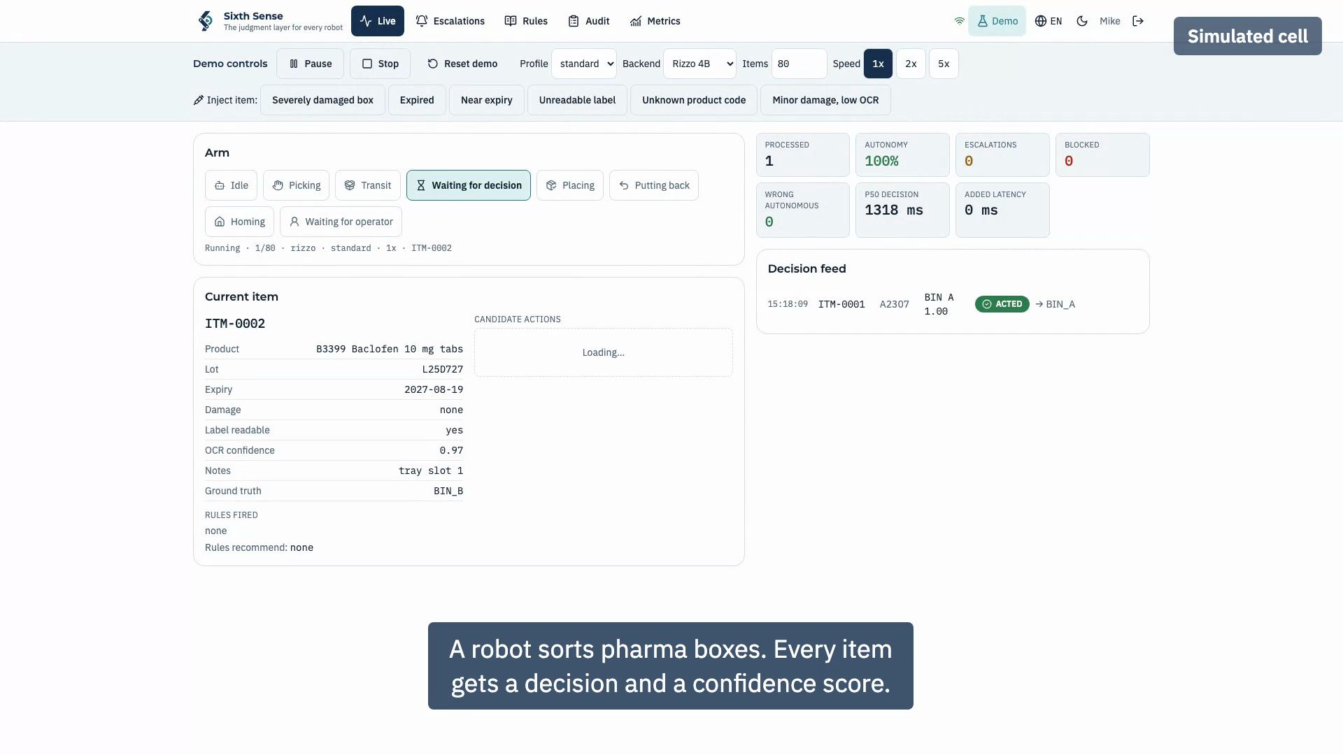 Live view of the console: arm state, current item, candidate actions and decision feed