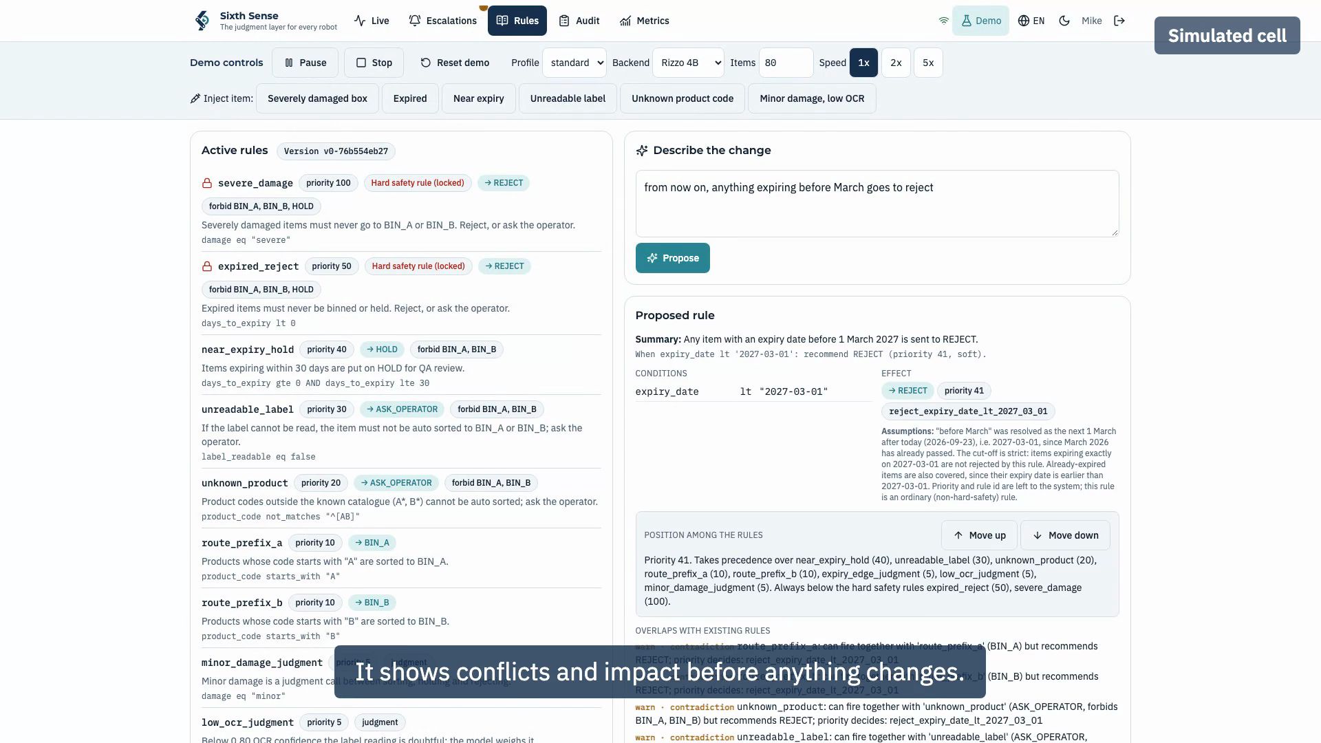 Rules screen with a proposed rule, its conflicts and an impact preview