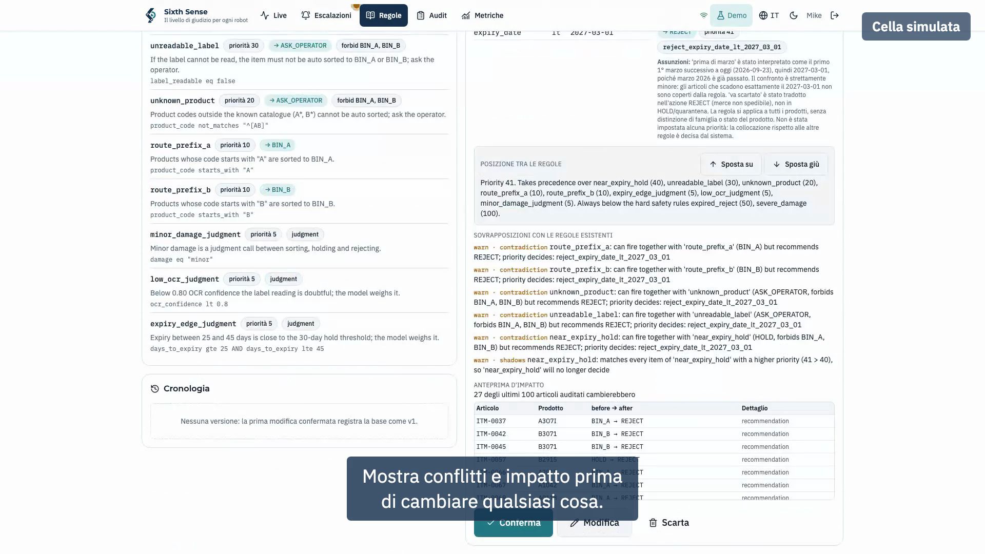 Schermata delle regole con una regola proposta, i suoi conflitti e un'anteprima d'impatto